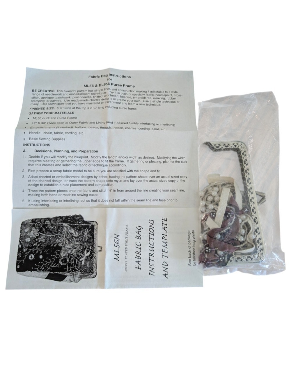 Fabric Bag Purse Frame Kit with Accessories - Silver Frame, Assorted Materials